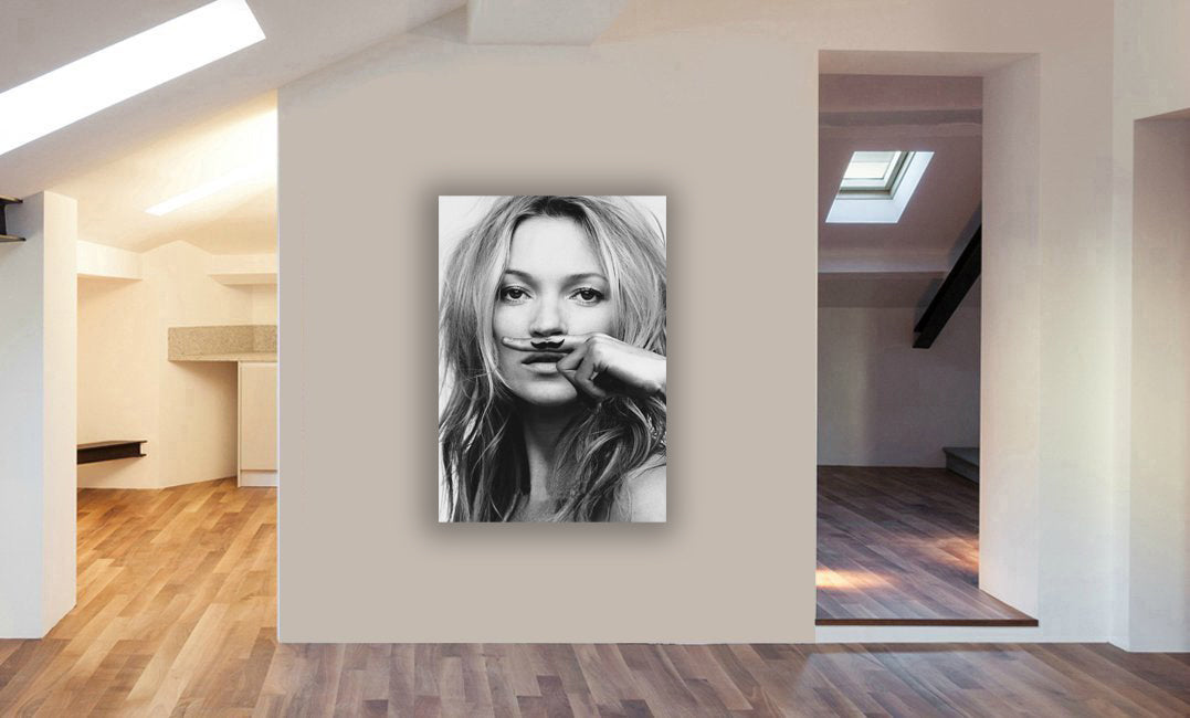 Kate Moss Moustache - Canvas Wall Art Framed Print - Various Sizes