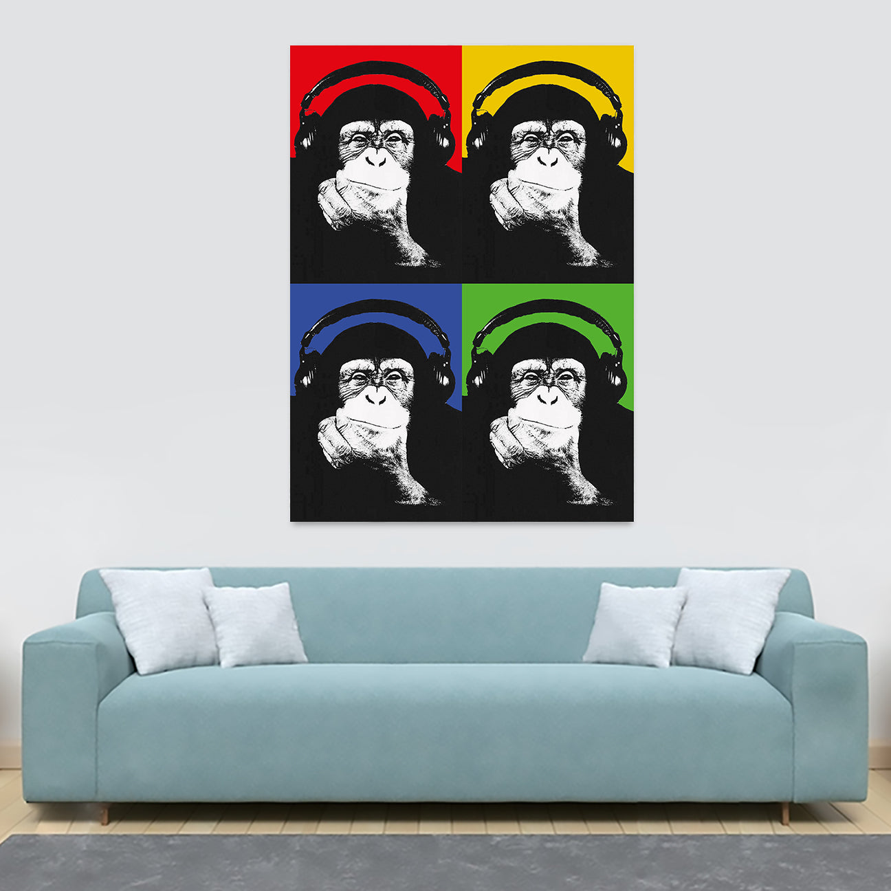Monkey Chimp Headphones Thinker Pop Art Banksy Style Red Green Yellow Blue - Canvas Wall Art Framed Print - Various Sizes