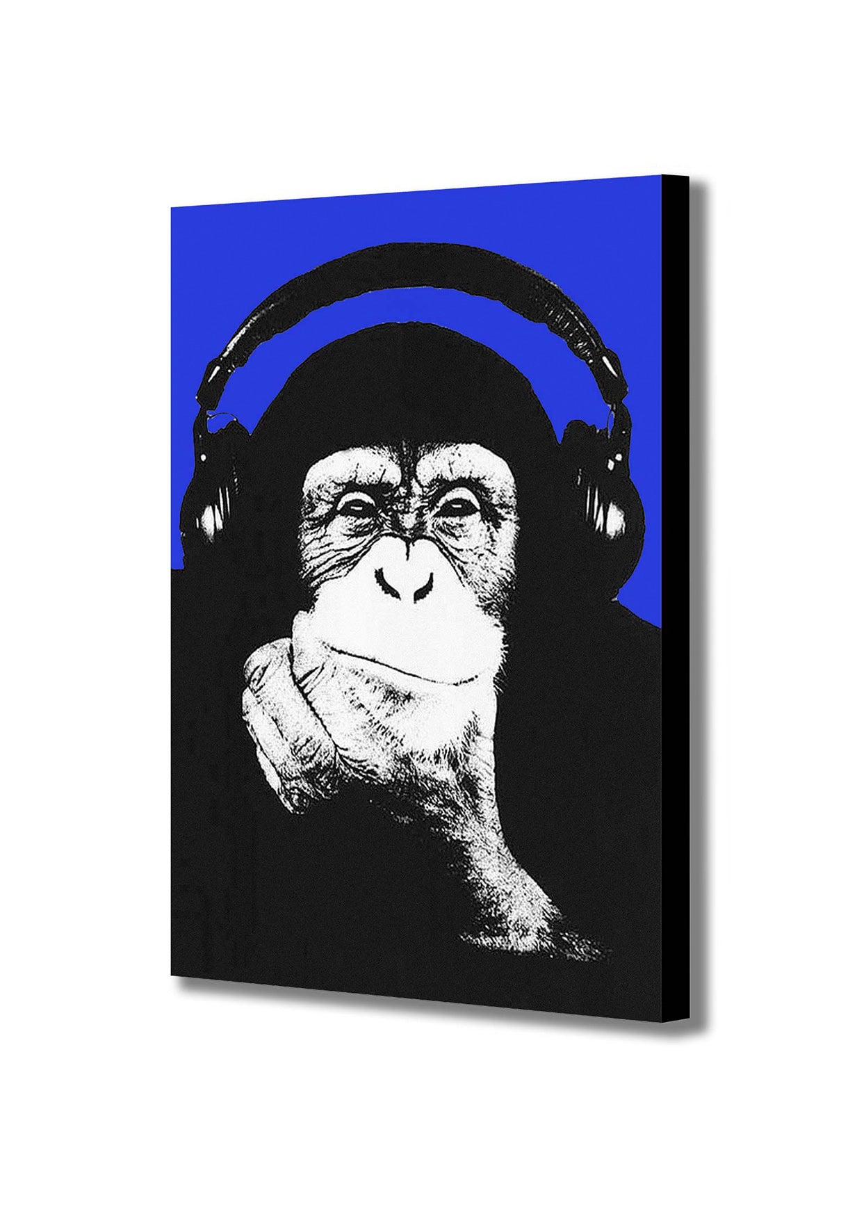 DJ Monkey Chimp Headphones Thinker Banksy Style Blue - Canvas Wall Art Framed Print - Various Sizes