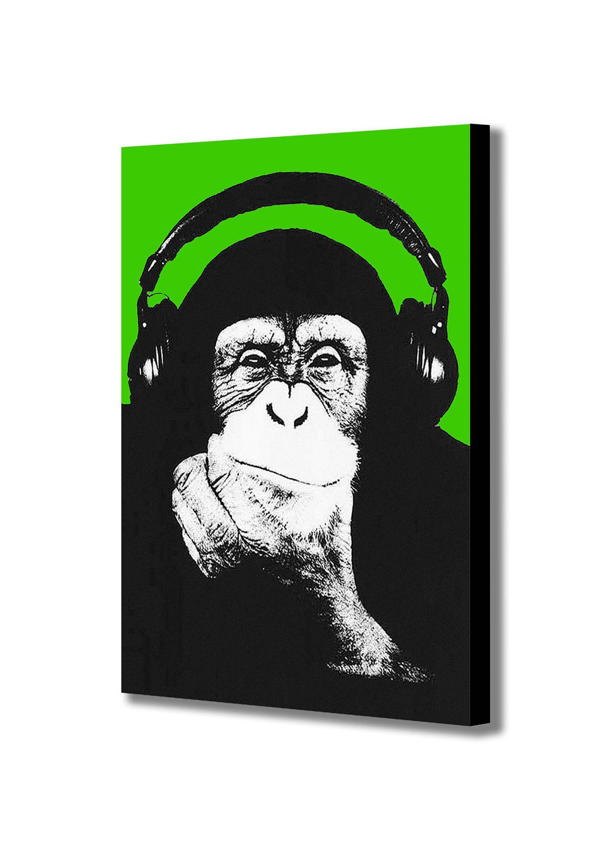 DJ Monkey Chimp Headphones Thinker Banksy Style Green - Canvas Wall Art Framed Print - Various Sizes