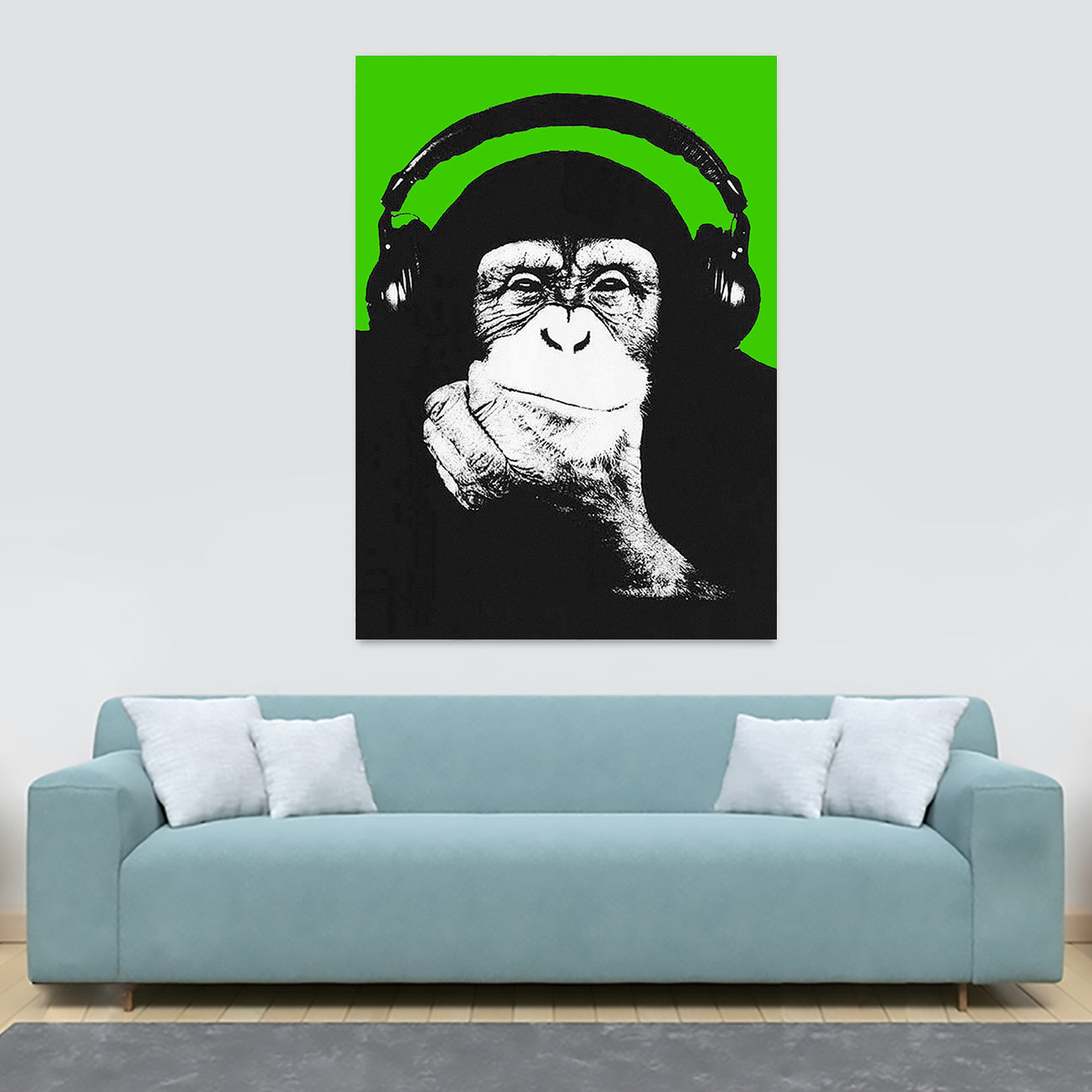 DJ Monkey Chimp Headphones Thinker Banksy Style Green - Canvas Wall Art Framed Print - Various Sizes