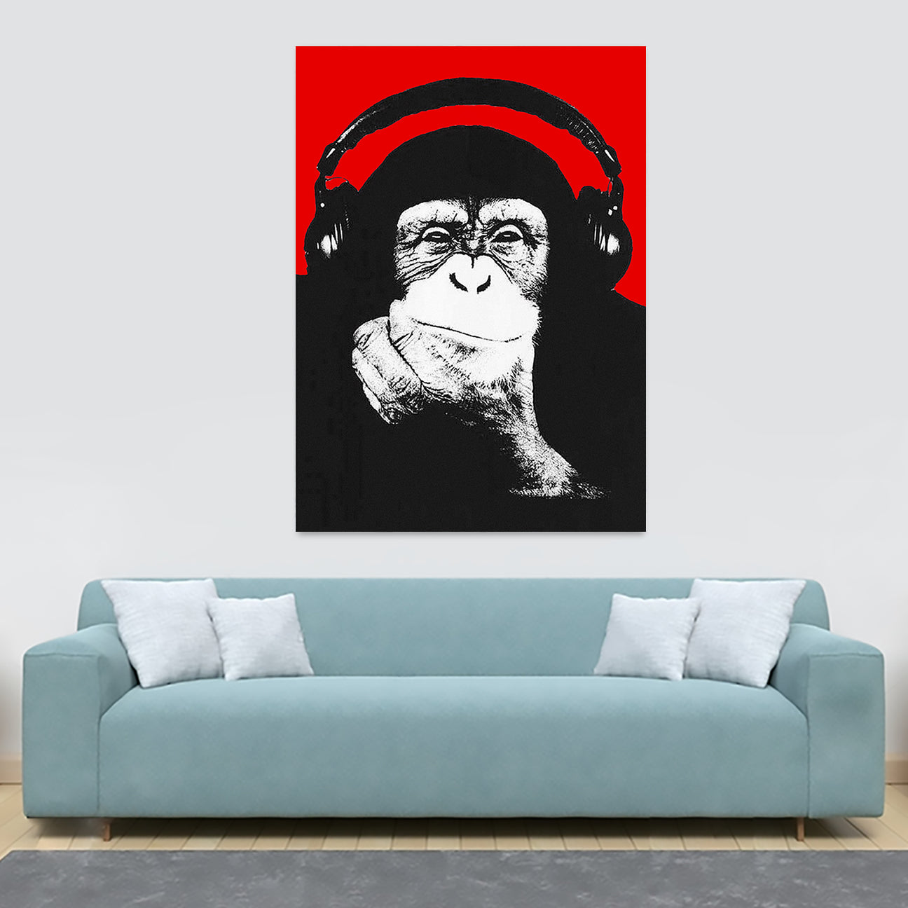 DJ Monkey Chimp Headphones Thinker Banksy Style Red - Canvas Wall Art Framed Print - Various Sizes
