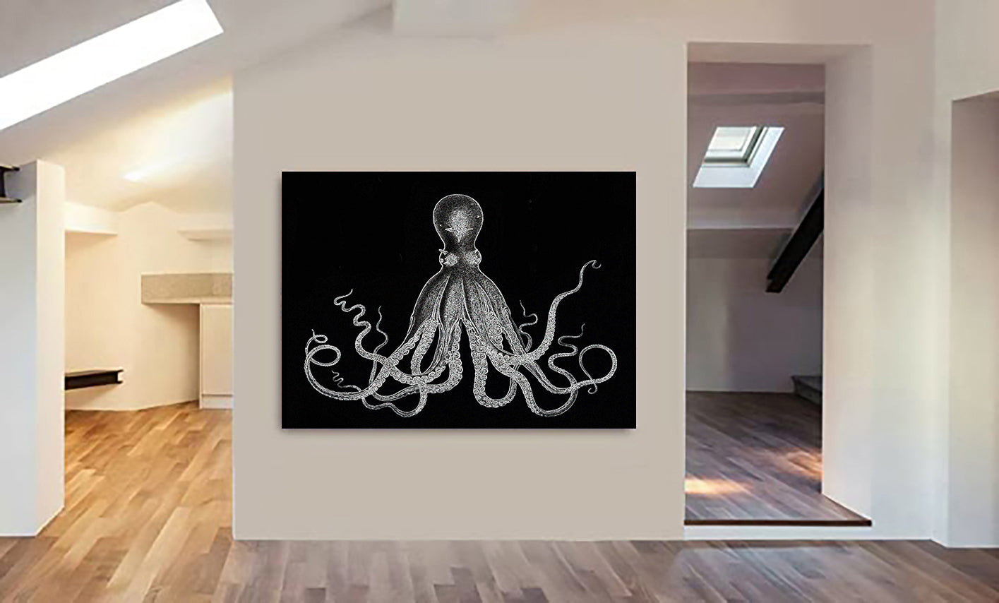 Octopus Vintage Art - Black And White - Canvas Wall Art Framed Print - Various Sizes