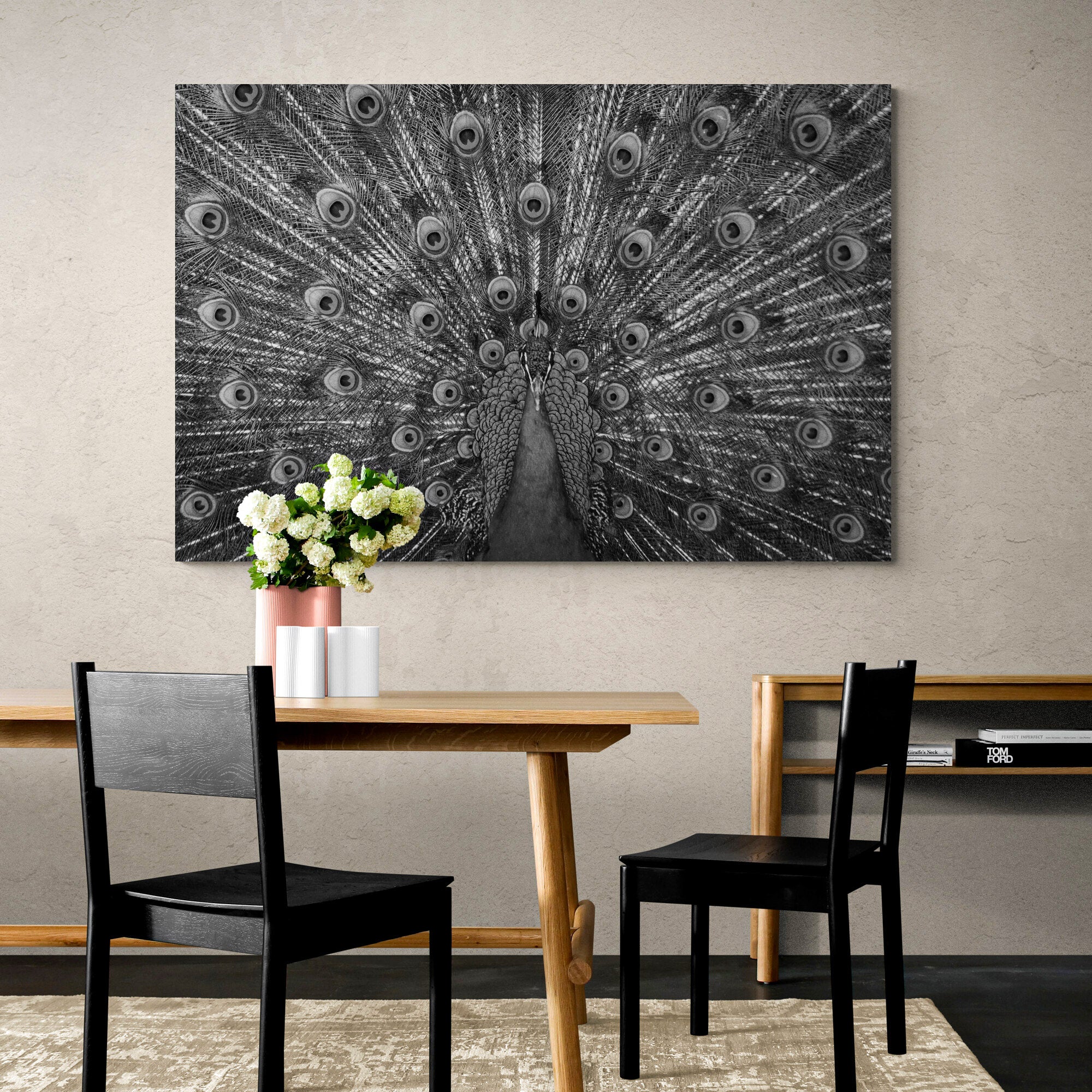 Peacock Bird - Monochrome - Canvas Wall Art Framed Print - Various Sizes