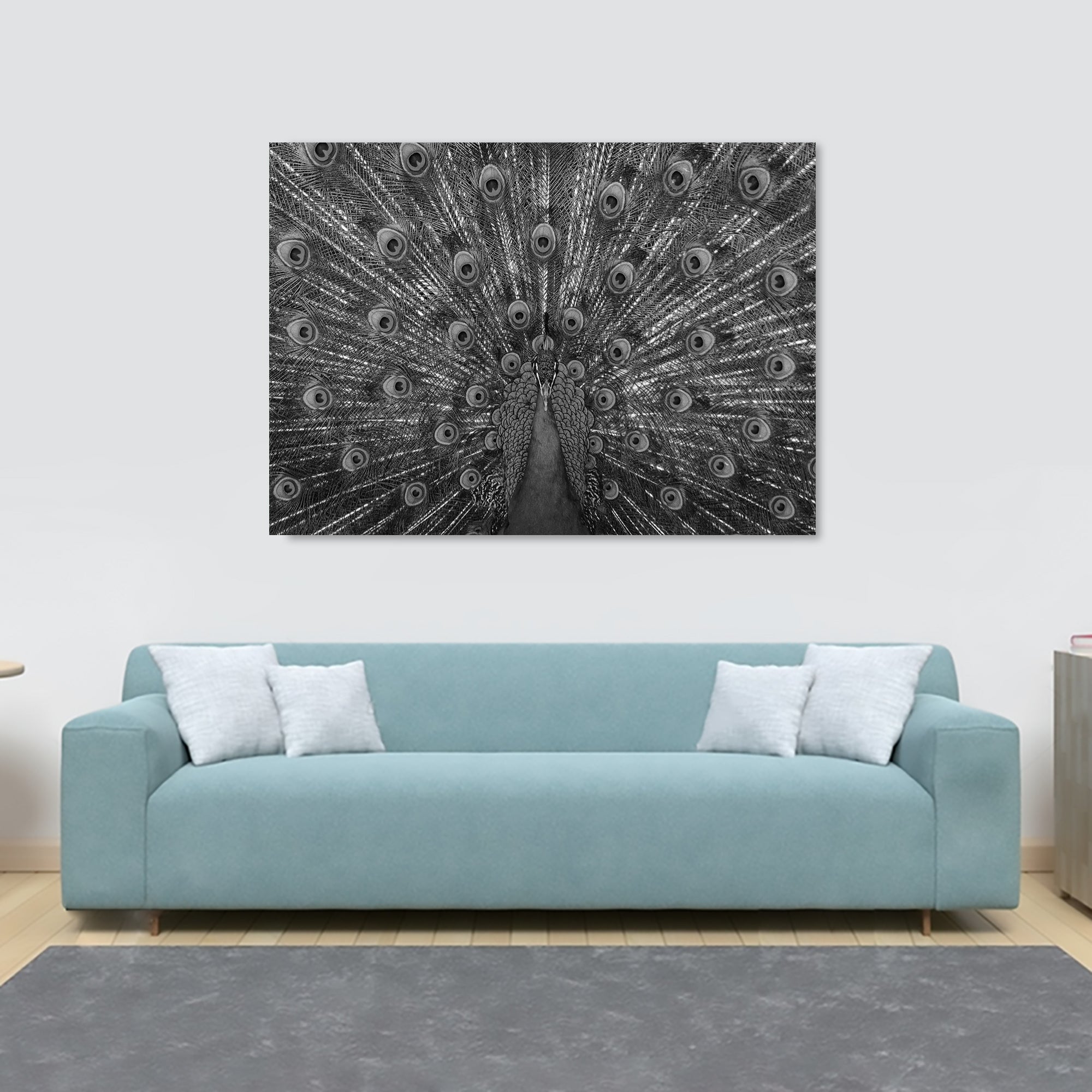 Peacock Bird - Monochrome - Canvas Wall Art Framed Print - Various Sizes