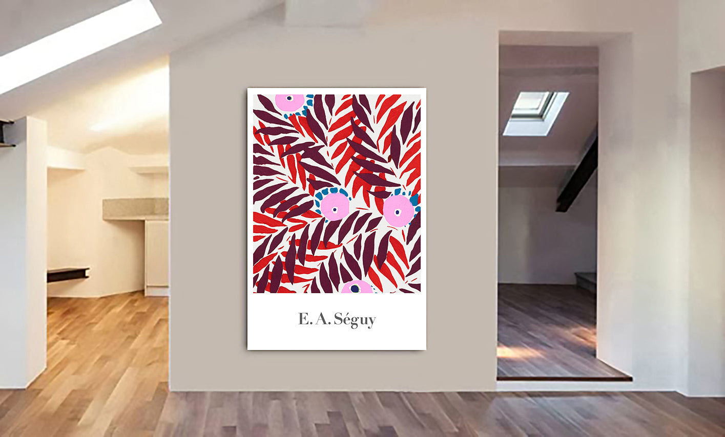 Pink Red Flower Pattern - Vintage - by E. A. Seguy - Canvas Wall Art Framed Print - Various Sizes