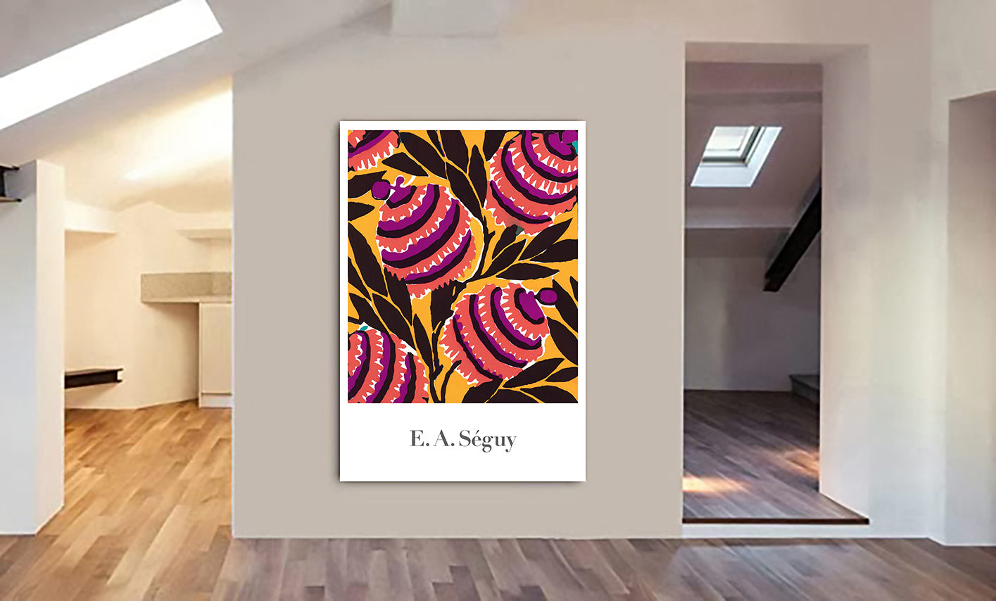 Red Yellow Flower Pattern - Vintage - by E. A. Seguy - Canvas Wall Art Framed Print - Various Sizes