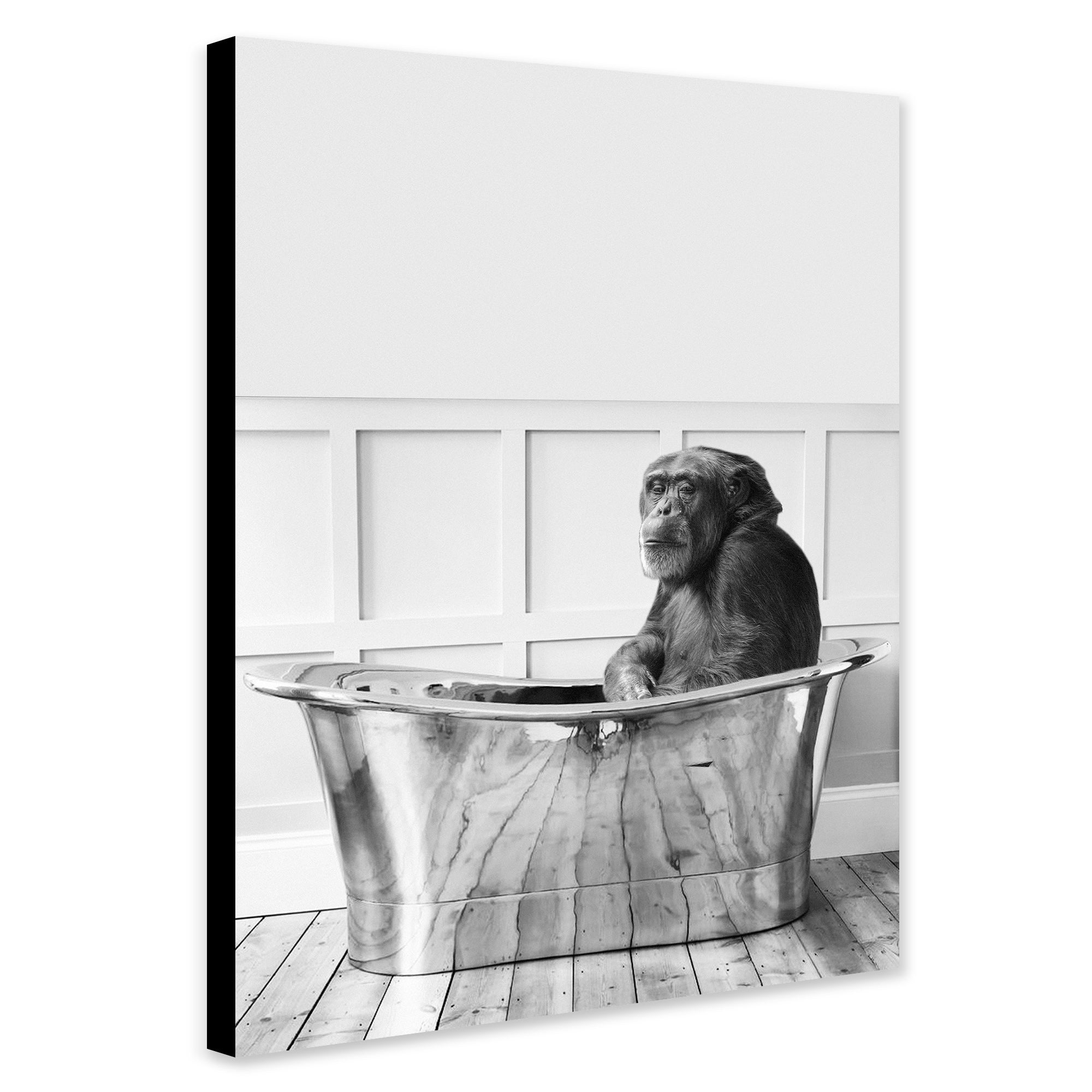 Chimp In Bath - Funny Bathroom Wall Art - Canvas Wall Art Framed Print - Various Sizes