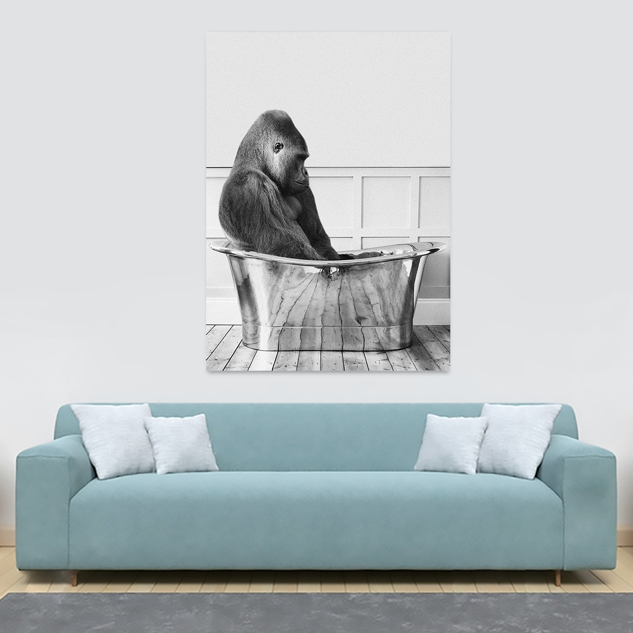 Gorilla In Bath - Funny Bathroom Wall Art - Canvas Wall Art Framed Print - Various Sizes