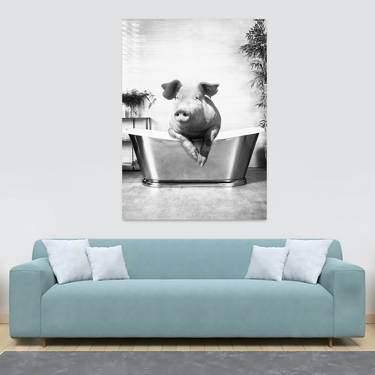 Pig In Bath  - Funny Bathroom Wall Art - Canvas Wall Art Framed Print - Various Sizes