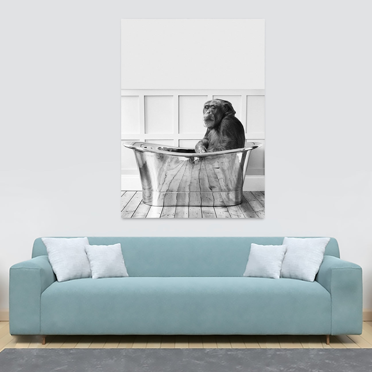 Chimp In Bath - Funny Bathroom Wall Art - Canvas Wall Art Framed Print - Various Sizes