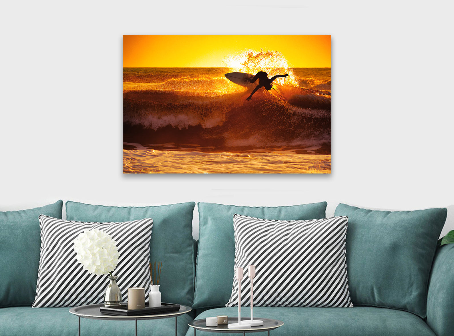 Surfer Sunset Big Wave Surf - Canvas Wall Art Framed Print. Various Sizes