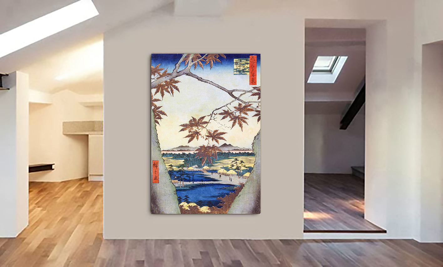 The Maple Leaves of Mama Tekona shrine by Utagawa Hiroshige - Canvas Wall Art Framed Print - Various Sizes