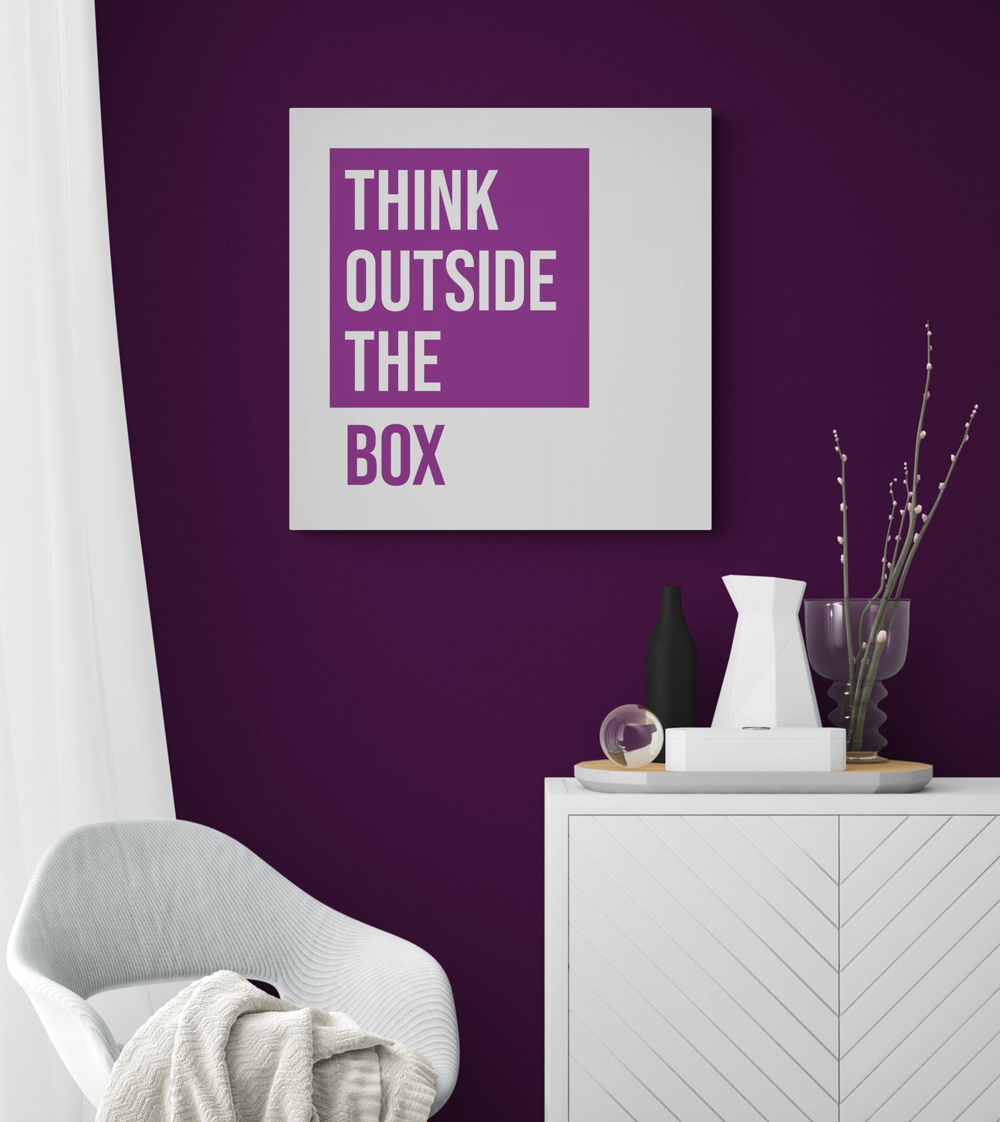 Think Outside the Box purple - Typographic Art - Canvas Wall Art Framed Print - Various Sizes