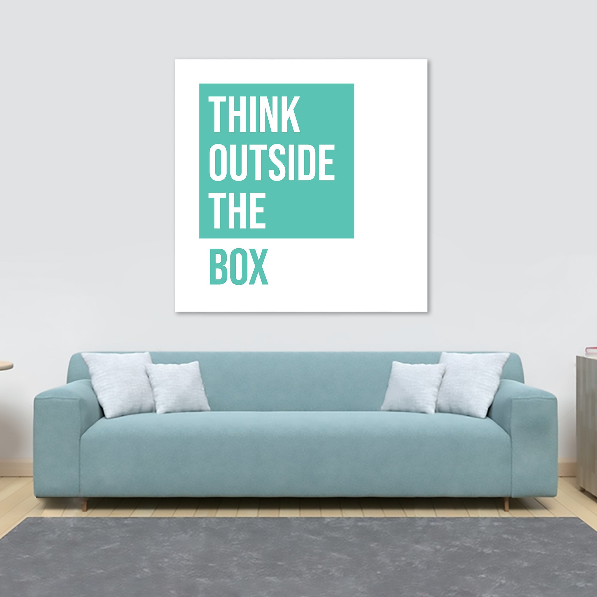 Think Outside the Box turquoise - Typographic Art - Canvas Wall Art Framed Print - Various Sizes