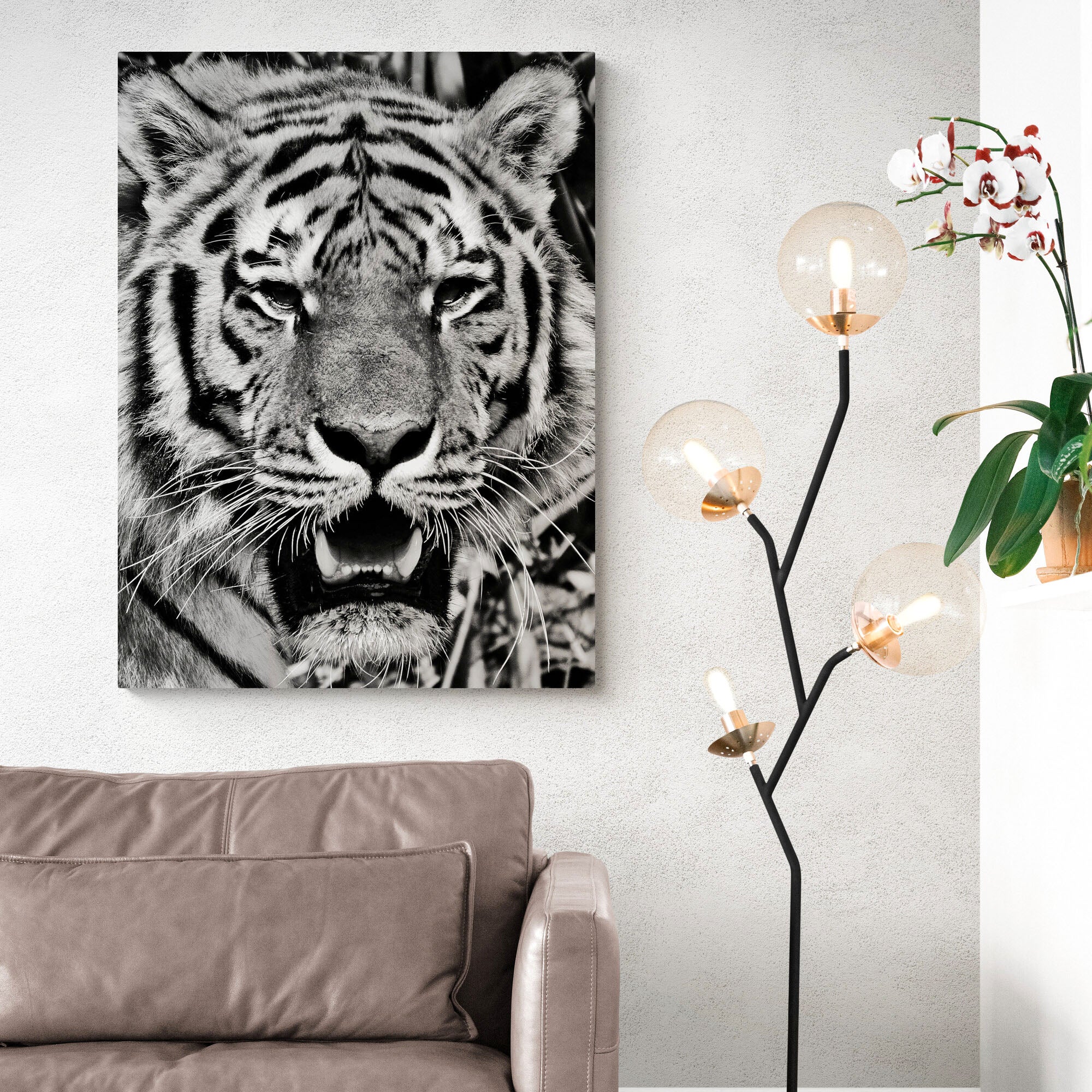 Tigers Head - Monochrome - Canvas Wall Art Framed Print - Various Sizes