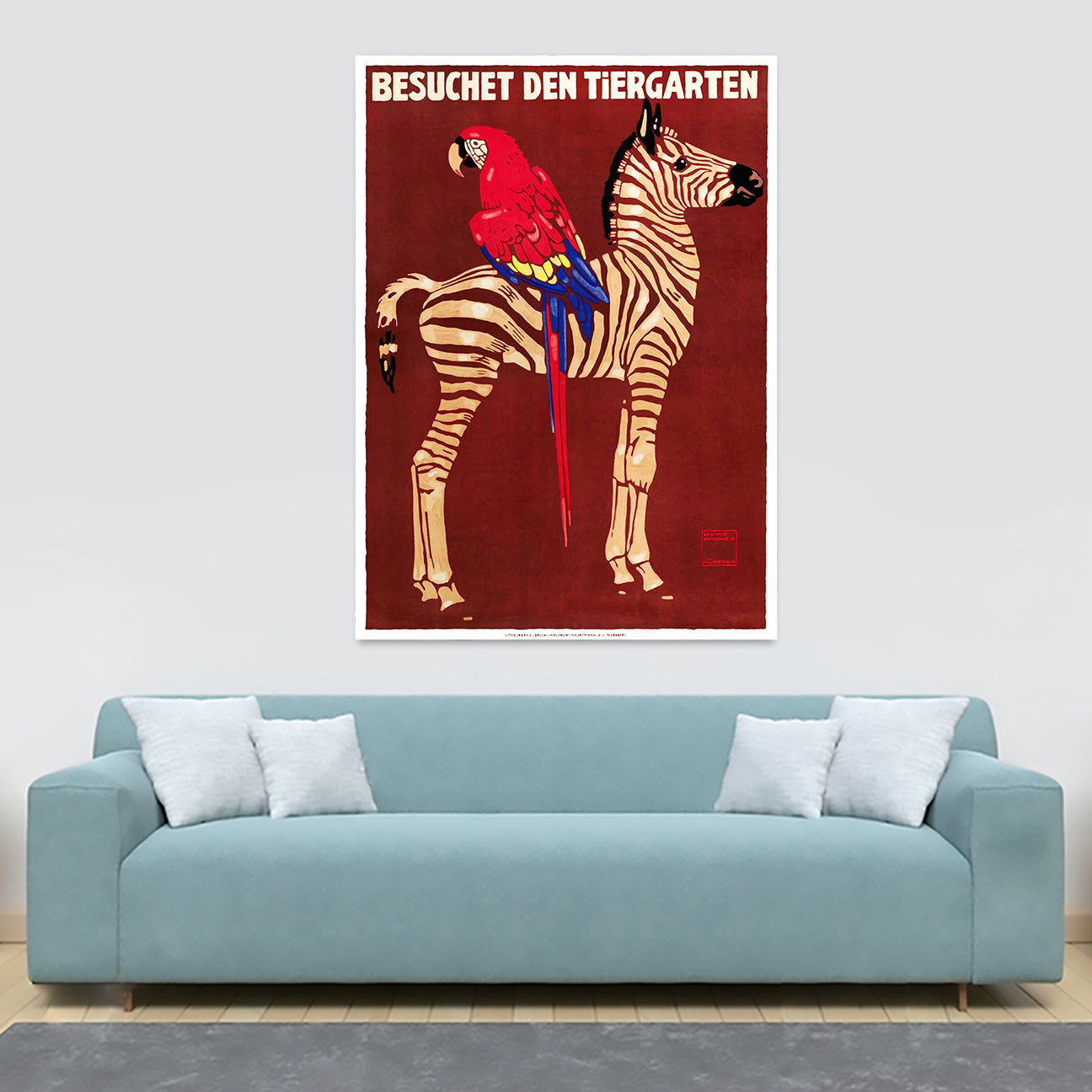 Visit The Zoo - Parrot - Zebra Vintage Illustration 1912 by Ludwig Hohlwein - Canvas Wall Art Framed Print - Various Sizes