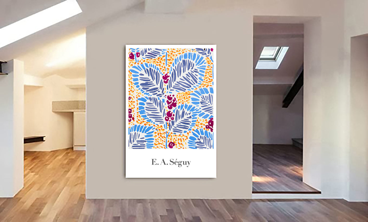 Yellow Blue Flower Pattern - Vintage - by E. A. Seguy - Canvas Wall Art Framed Print - Various Sizes