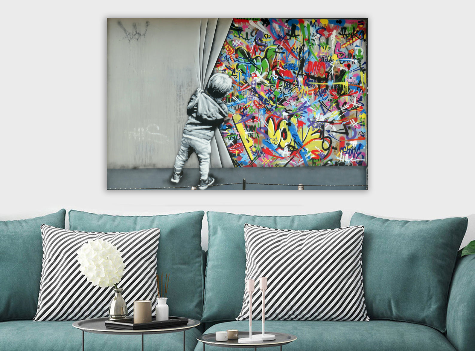 Banksy Style - Little Boy - Pulls Curtain - Graffiti - Canvas Framed Wall Art Print - Various sizes