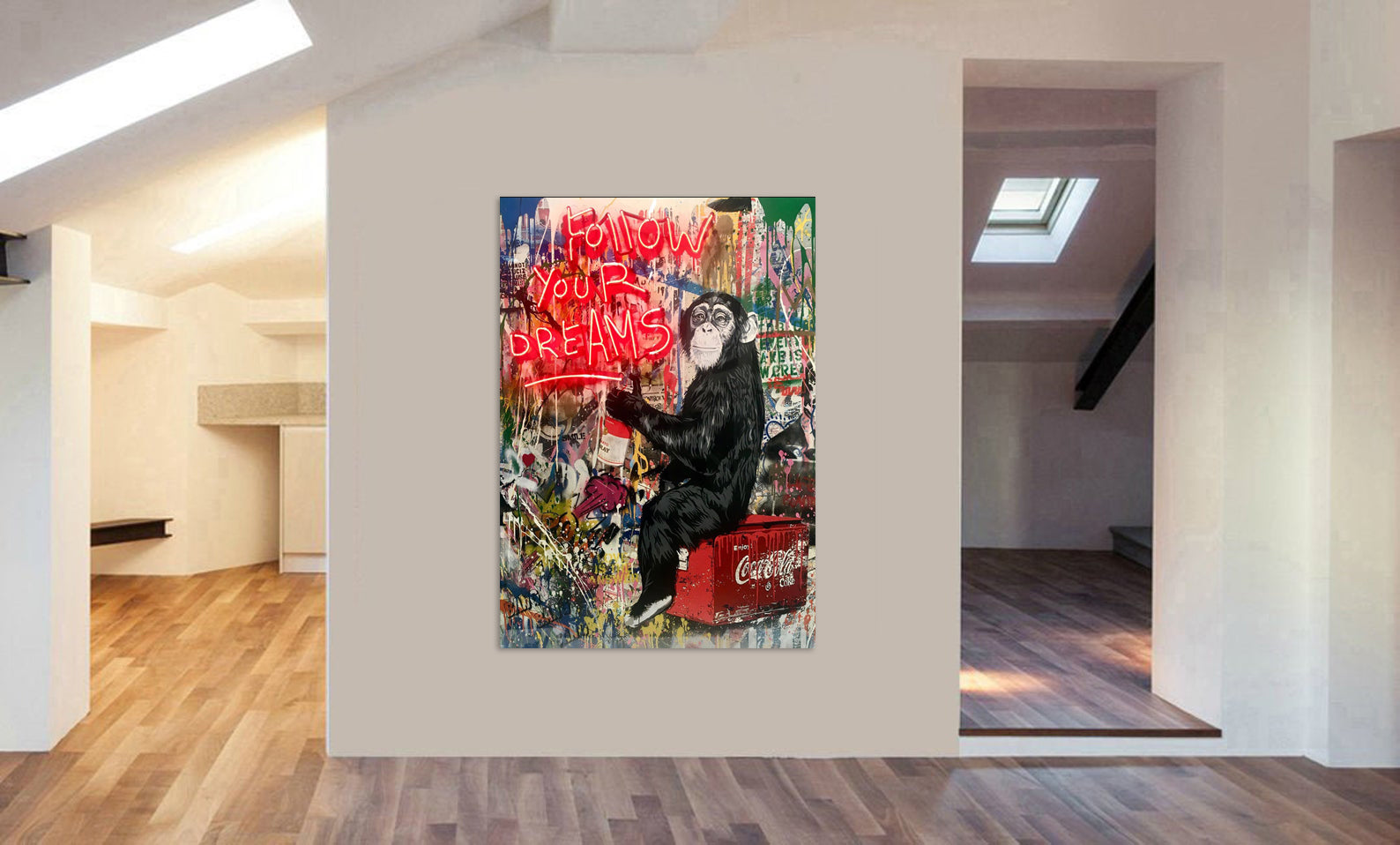 Follow Your Dreams - Monkey - Banksy - Canvas Wall Art Framed Print - Various Sizes - Canvas Wall Art Framed Print- Various Sizes