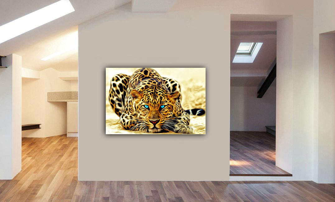 Blue Eyed Leopard - Abstract - Canvas Wall Art Framed Print - Various Sizes