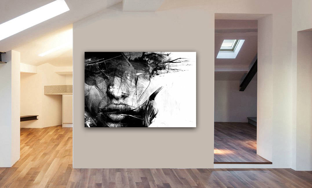 Abstract Black and White Female Face Canvas Wall Art Framed Print - Various Sizes