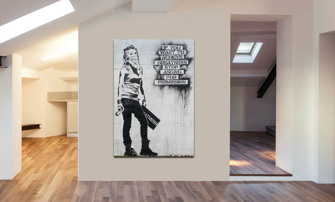 Banksy Achieve Greatness Masked Girl Canvas Wall Art Framed Print