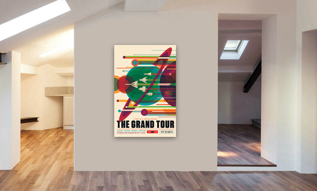 The Grand Tour - NASA Space, Saturn, Retro, Vintage Style Canvas Wall Art Framed Print.