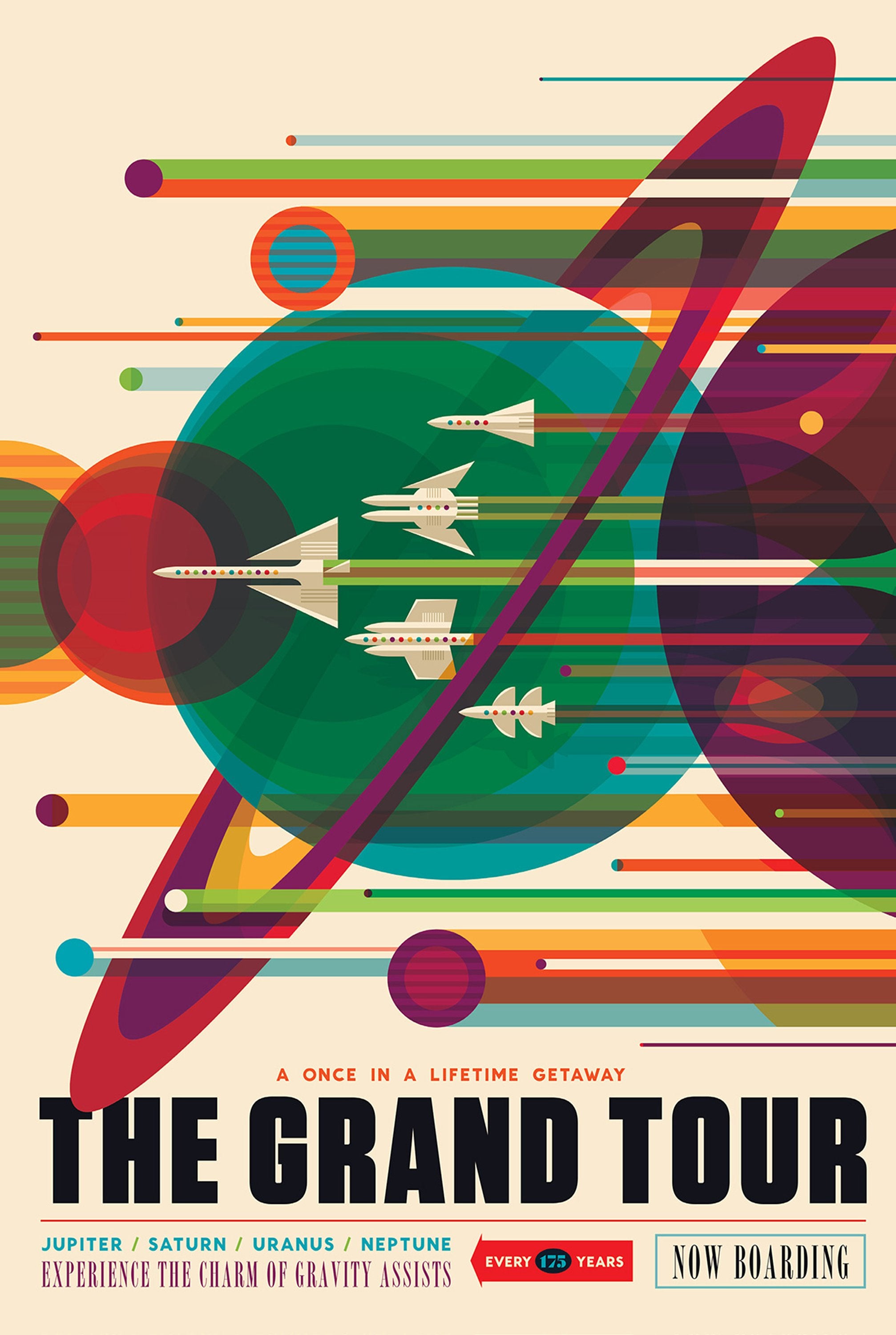 The Grand Tour - NASA Space, Saturn, Retro, Vintage Style Canvas Wall Art Framed Print.