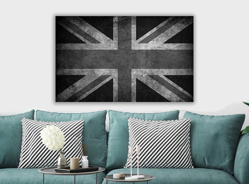 Union Jack - Black And White - Canvas Wall Art Framed Print - Various Sizes
