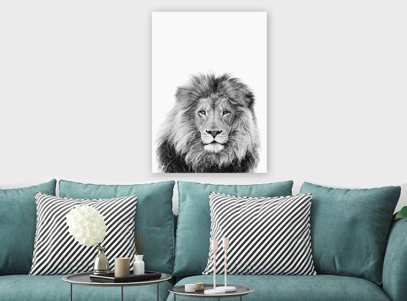 Wild Lion - Black And White - Canvas Wall Art Framed Print - Various Sizes