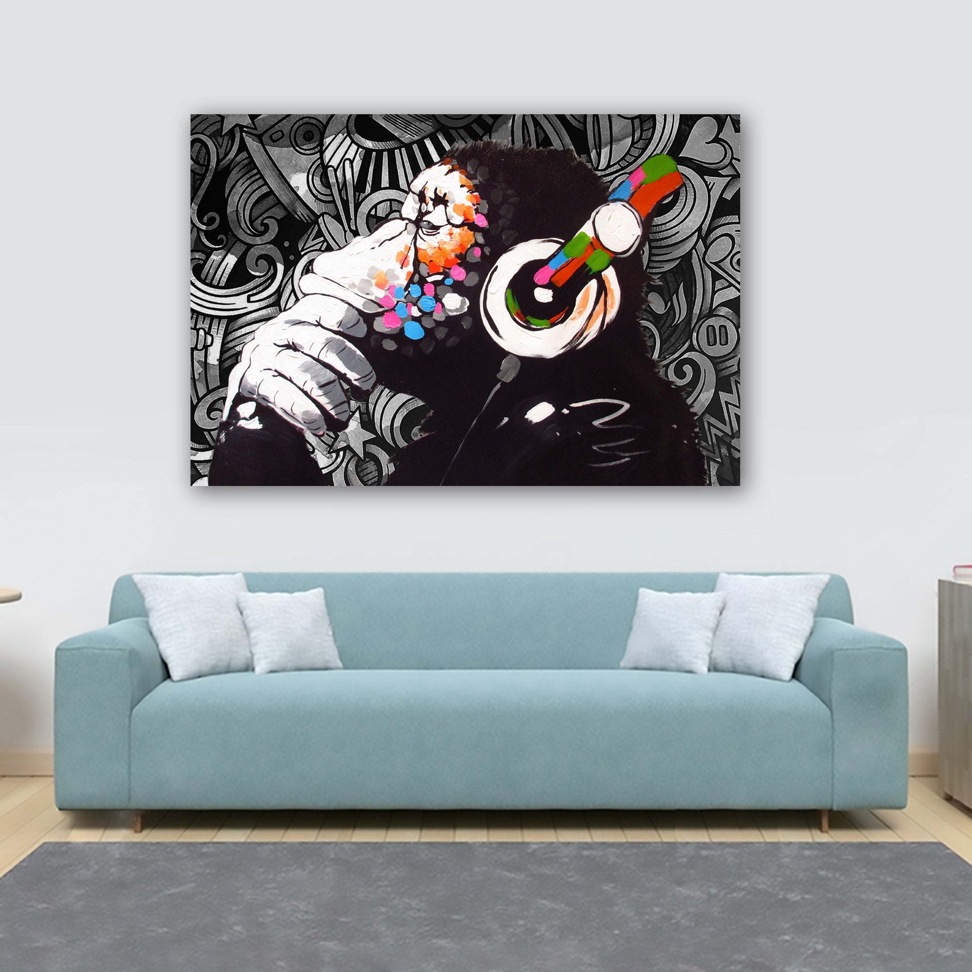 Banksy DJ Monkey Chimp Graffiti Wall - Canvas Art Framed Print. Various Sizes