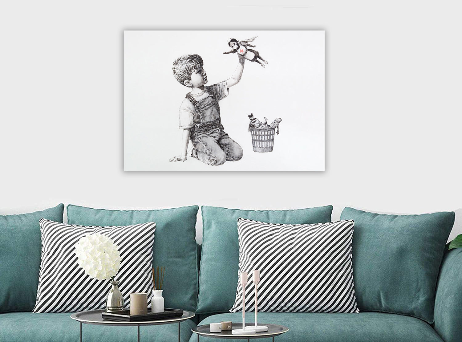 Banksy Street Art - Superhero - NHS - Canvas Wall Art Framed Print - Various Sizes