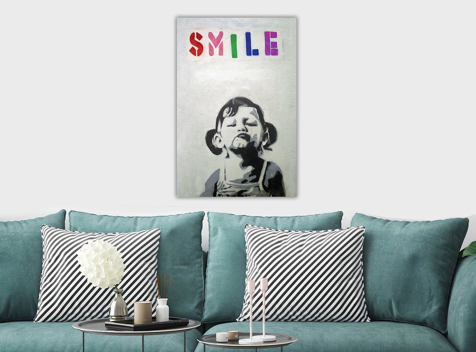 Banksy - Smile Girl - Canvas Wall Art Framed Print - Various Sizes