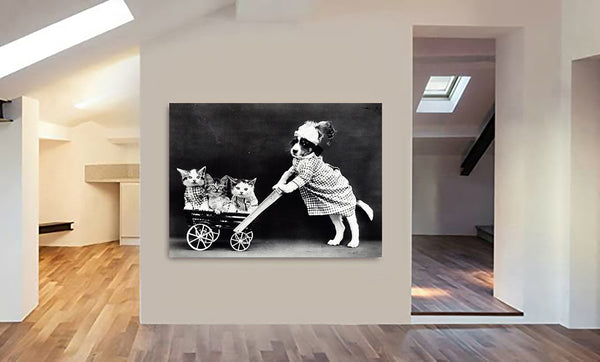 Funny Dressed Puppy and Kittens Vintage Wall Art - Canvas Wall Art Framed Print - Various Sizes