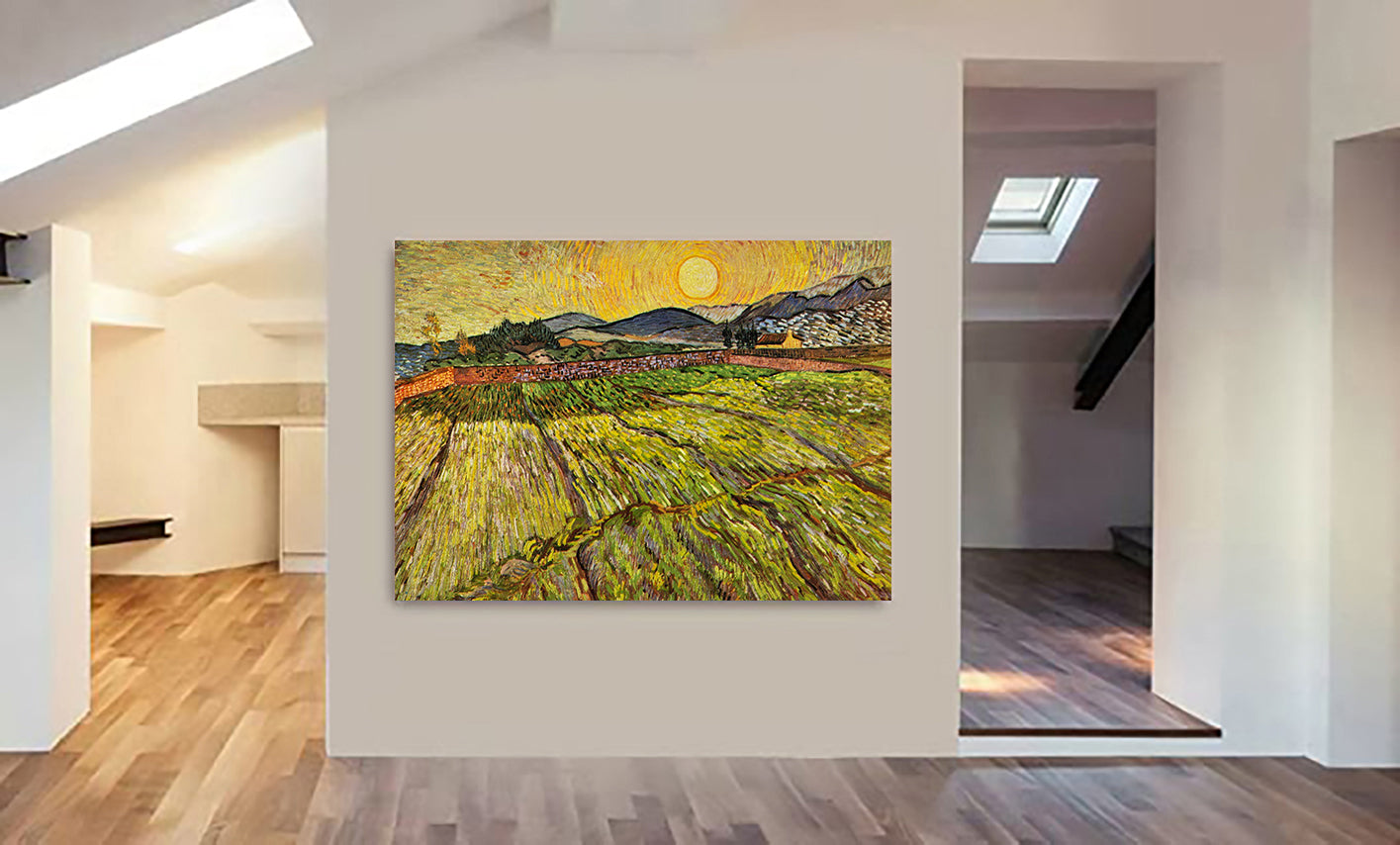 Enclosed Field with Rising Sun The Wheat Field by Vincent Van Gogh Wall Art - Canvas Wall Art Framed Print - Various Sizes