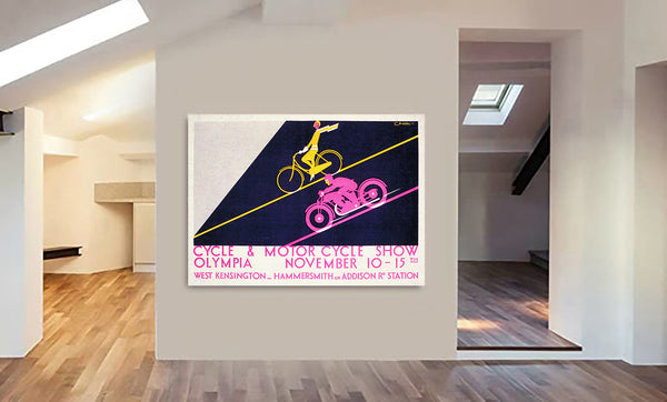 Vintage Cycle & Motor Cycle Show Wall Art by Charles Burton 1930 - Canvas Wall Art Framed Print Various Sizes