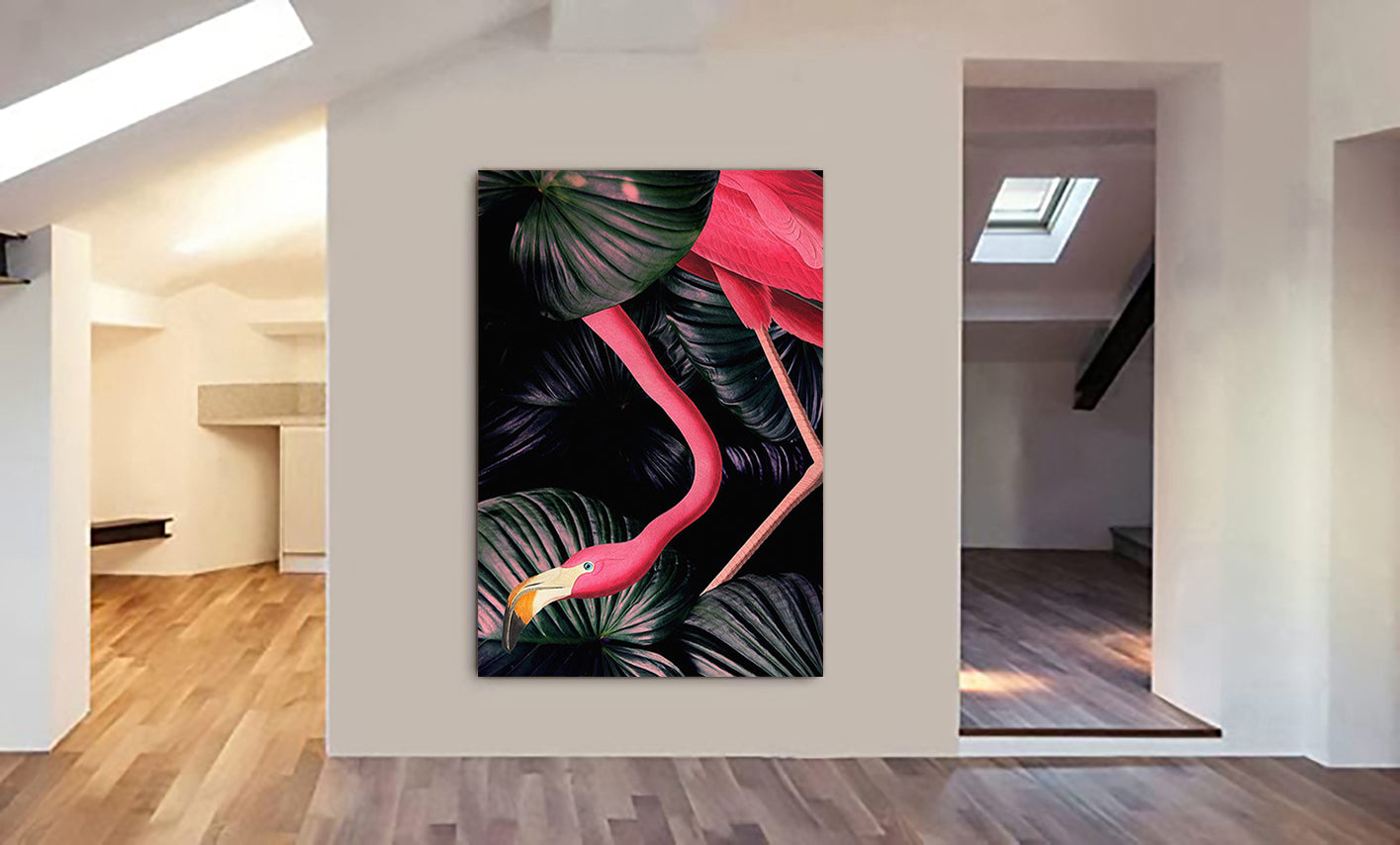 American Pink Flamingo in Jungle Wall Art - Canvas Wall Art Framed Print - Various Sizes