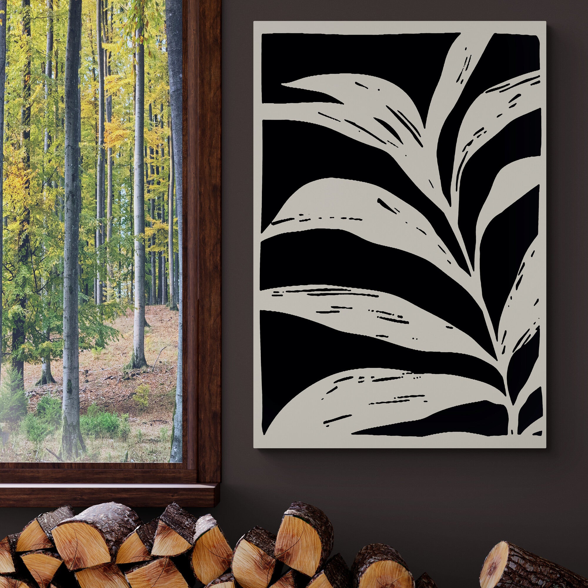 Black and White Leaves Set of 3 Abstract Wall Art - Canvas Wall Art Framed Prints - Various Sizes