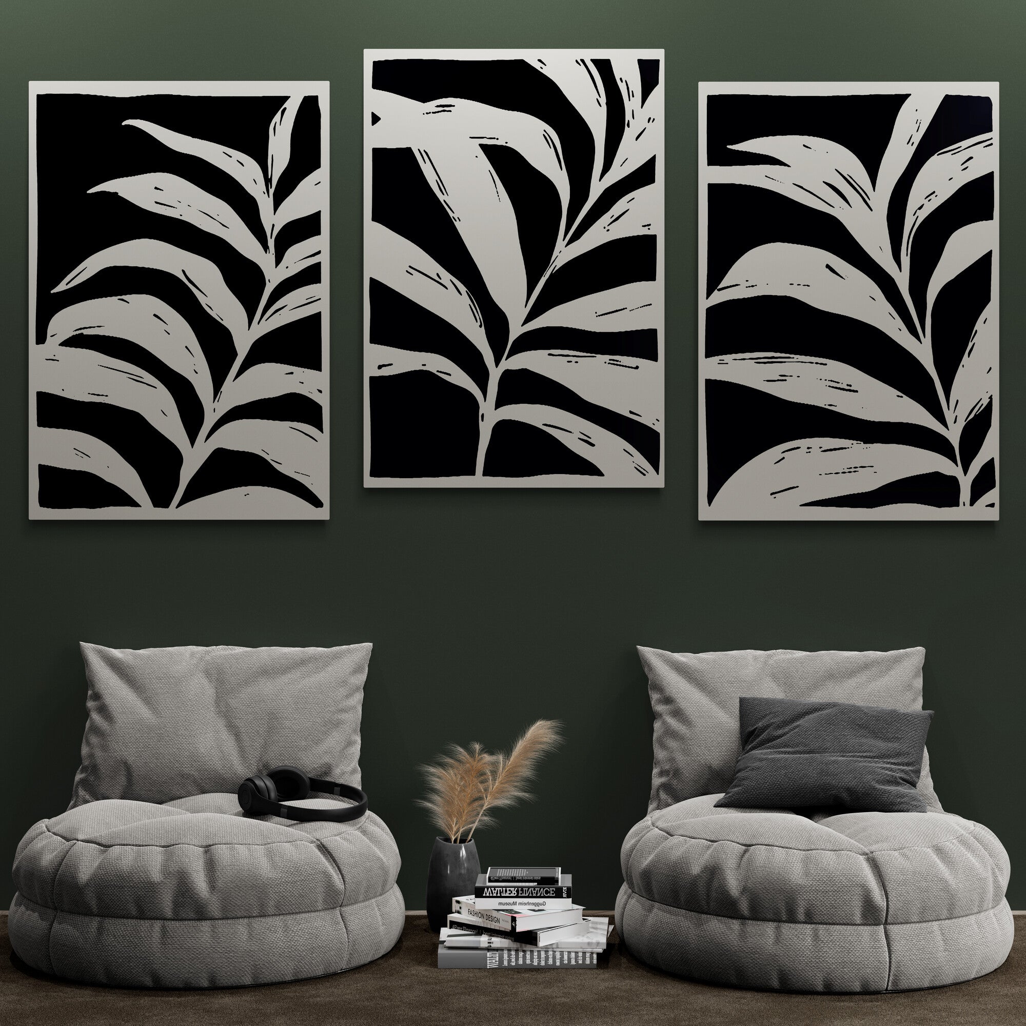 Black and White Leaves Set of 3 Abstract Wall Art - Canvas Wall Art Framed Prints - Various Sizes