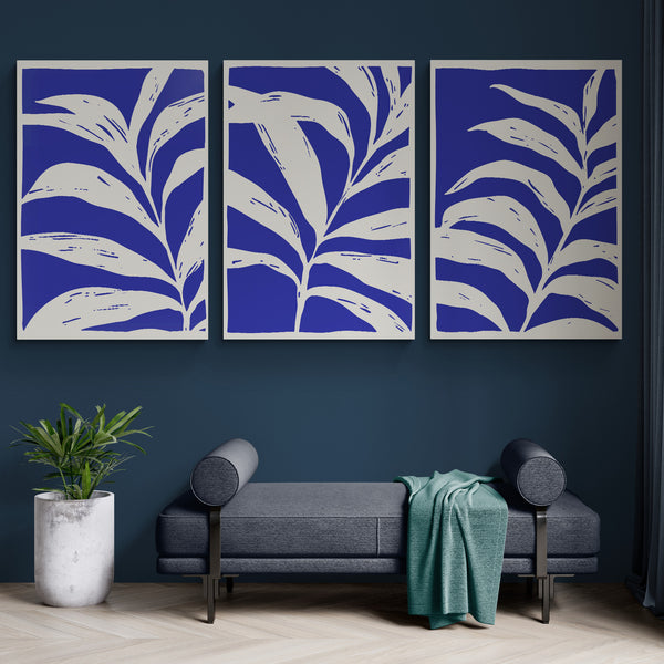 Blue and White Leaves Set of 3 Abstract Wall Art - Canvas Wall Art Framed Prints - Various Sizes