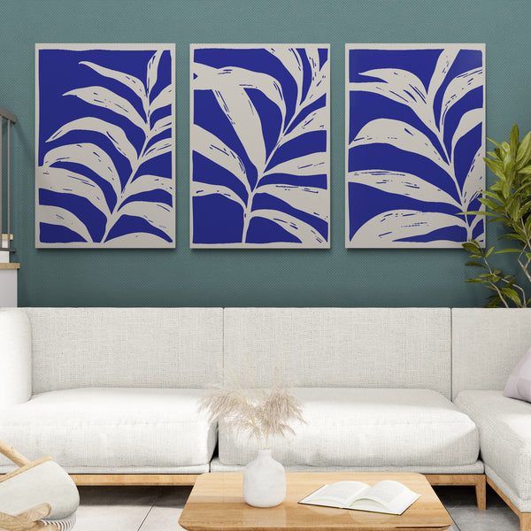 Blue and White Leaves Set of 3 Abstract Wall Art - Canvas Wall Art Framed Prints - Various Sizes