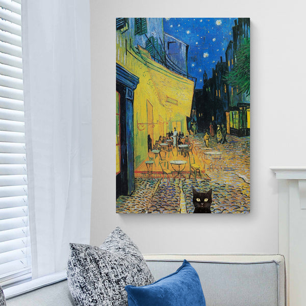 Café Terrace at Night with Black Cat - Funny Wall Art by Vincent Van Gogh - Canvas Wall Art Framed Print - Various Sizes