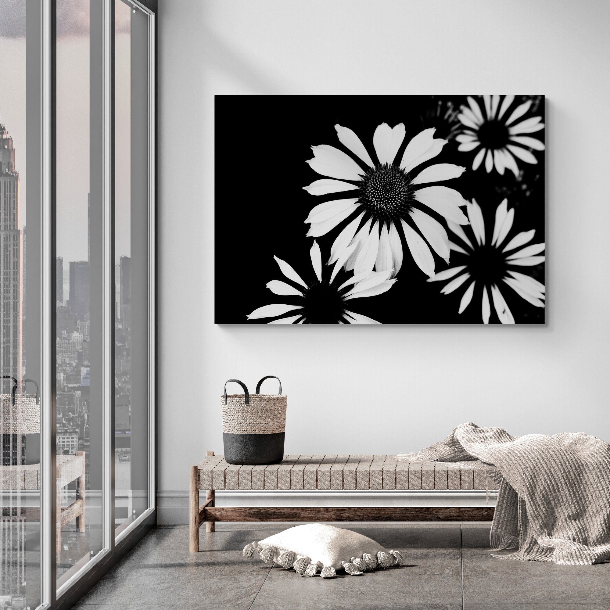 Monochrome Four Flowers - Wall Art - Canvas Wall Art Framed Print - Various Sizes
