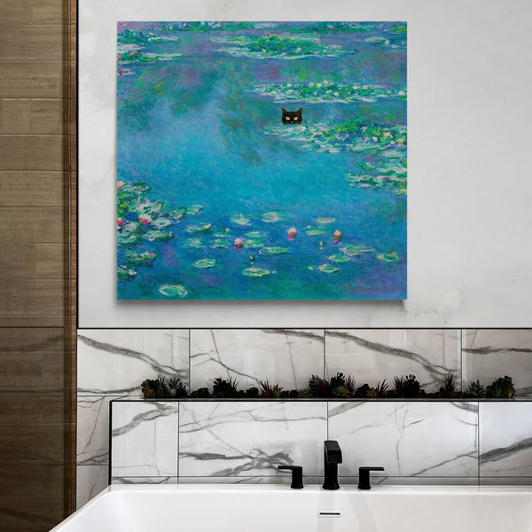 Monet Water Lilies with Black Cat Funny Wall Art - Framed Canvas Wall Art Print - Various Sizes