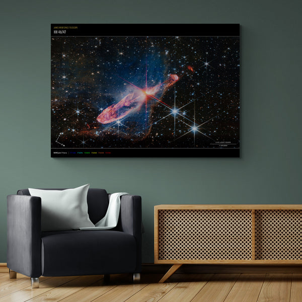 NASA - James Webb Telescope - Herbig-Haro 46/47 (NIRCam Compass Image) Wall Art - Canvas Wall Art Framed Print - Various Sizes