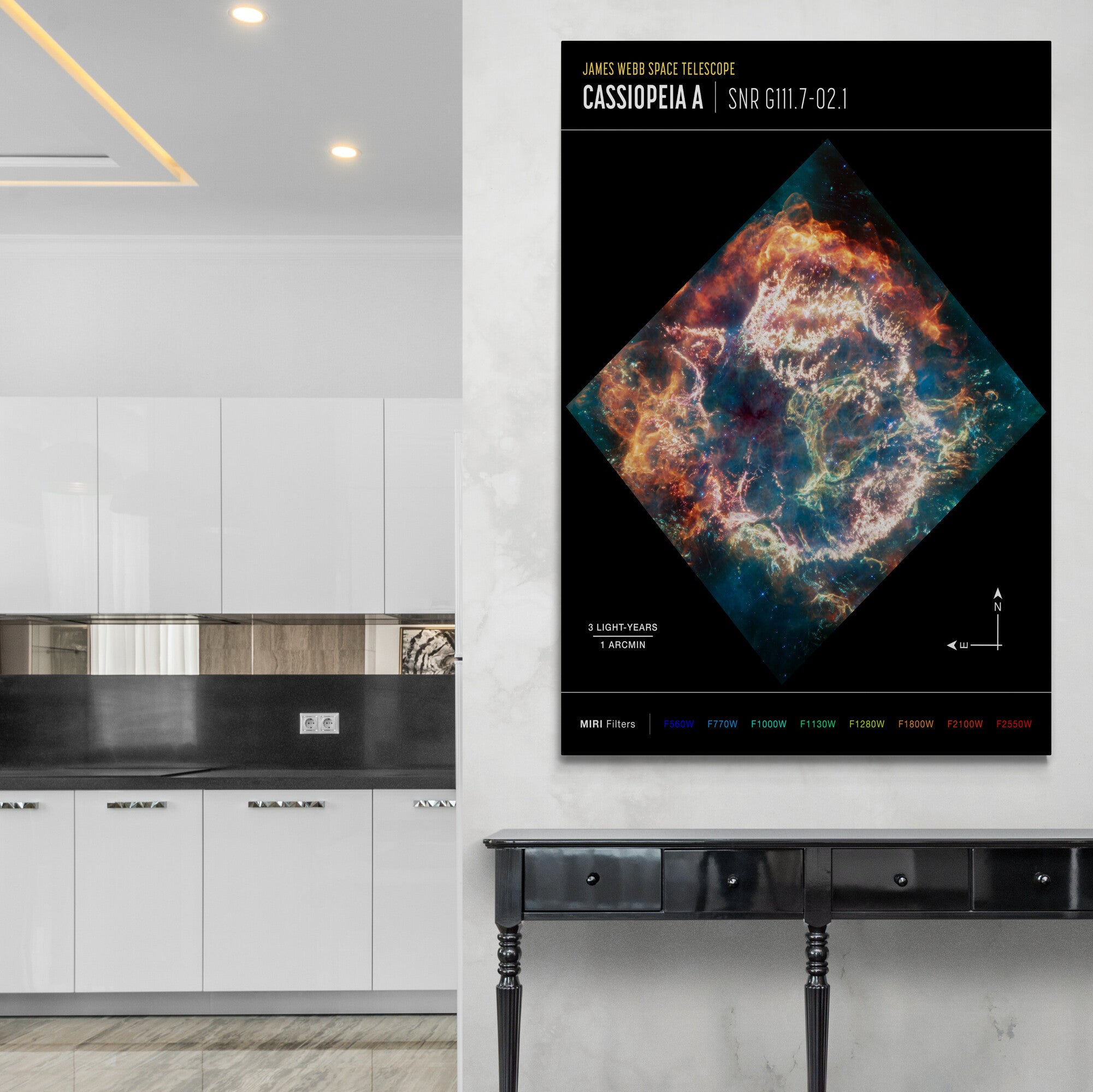 NASA James Webb Telescope - Cassiopeia A (MIRI Compass Image) Wall Art - Canvas Wall Art Framed Print - Various Sizes