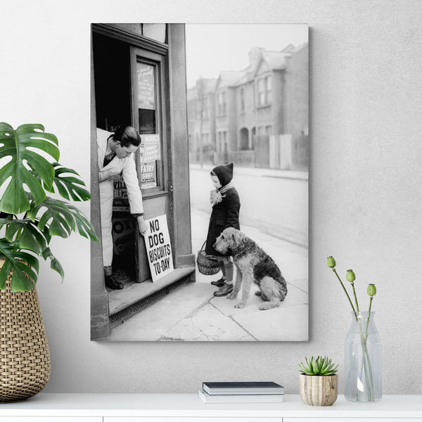 No Dog Biscuits - Vintage Black And White Wall Art - Canvas Wall Art Framed Print - Various Sizes