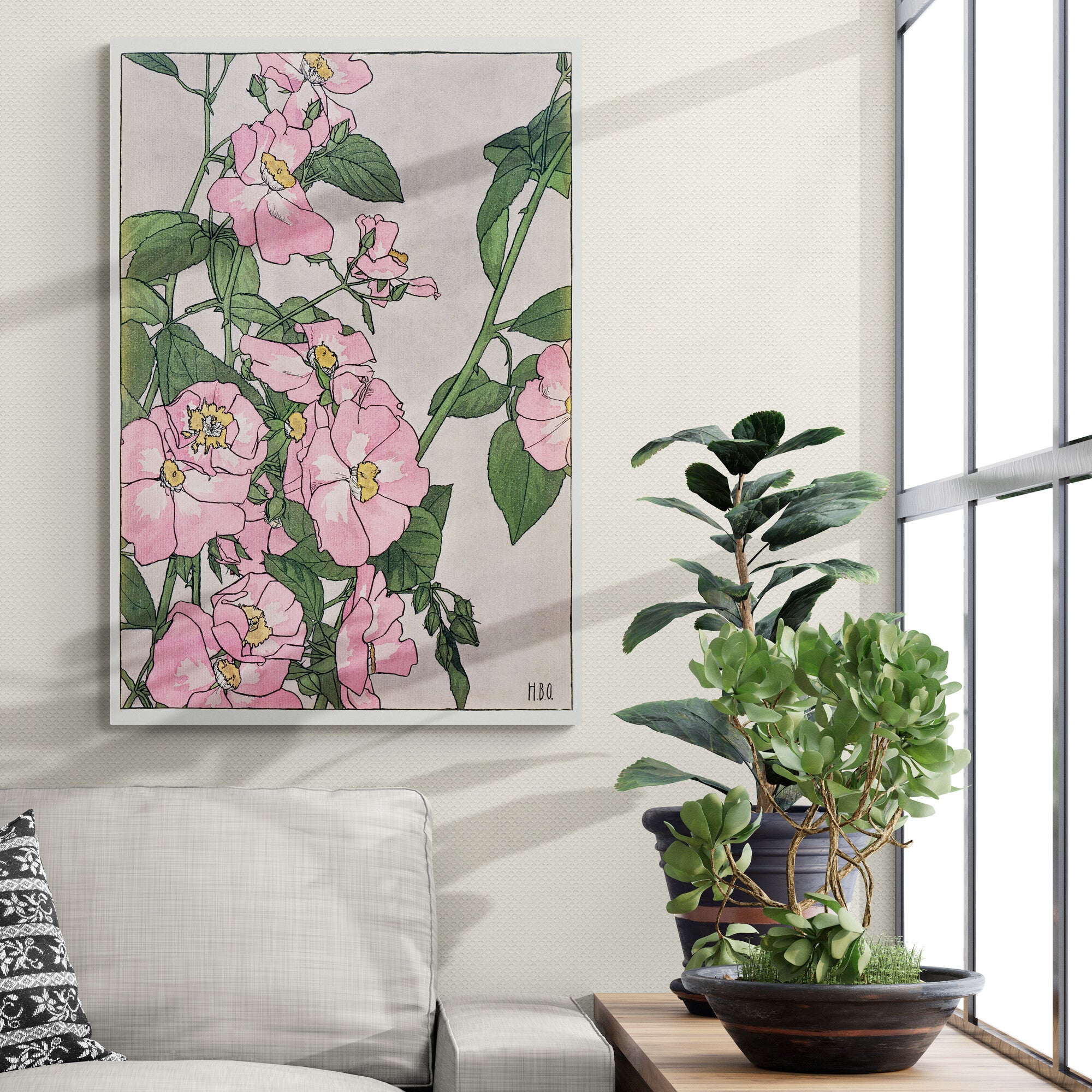 Prairie Rose Floral Pink Wall Art by Hannah Borger Overbeck 1913 - Canvas Wall Art Framed Print - Various Sizes