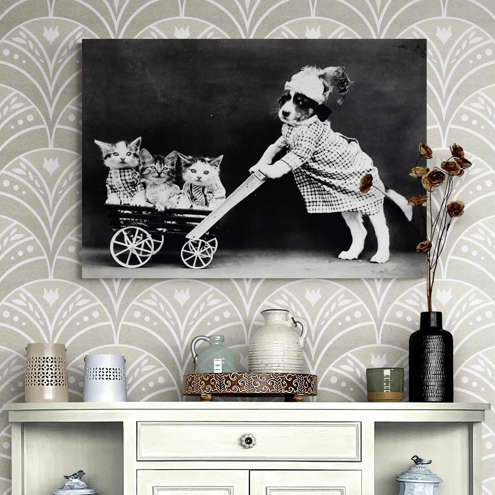 Funny Dressed Puppy and Kittens Vintage Wall Art - Canvas Wall Art Framed Print - Various Sizes